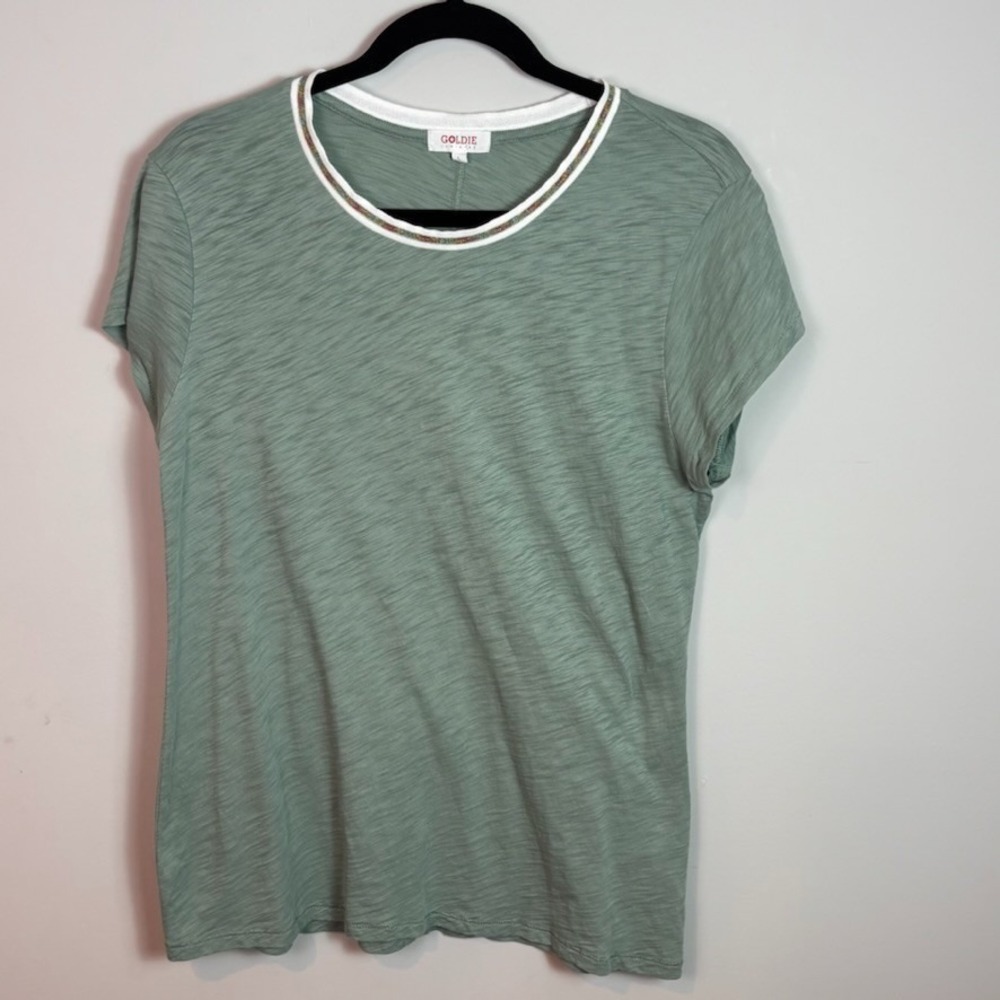 Goldie Lewinter Womens Sage Green 100% Pima Cotton Metallic Accent Tee sz Large